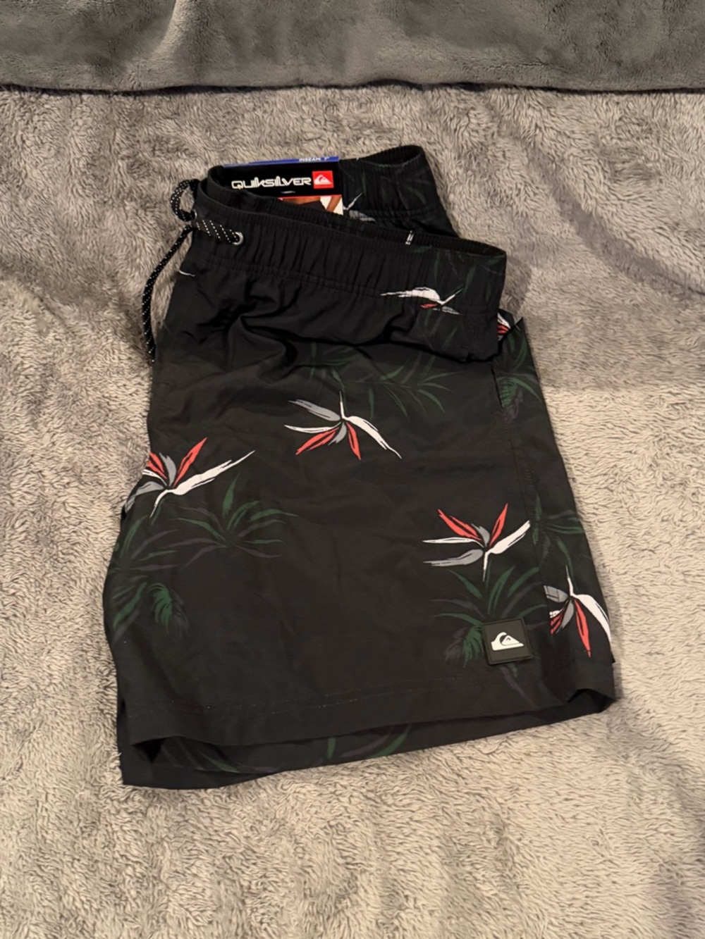 NWT Quiksilver Black Swim Shorts with Red & White Floral Accents